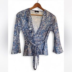 Ava & Aiden Blue Paisley Wrap Blouse